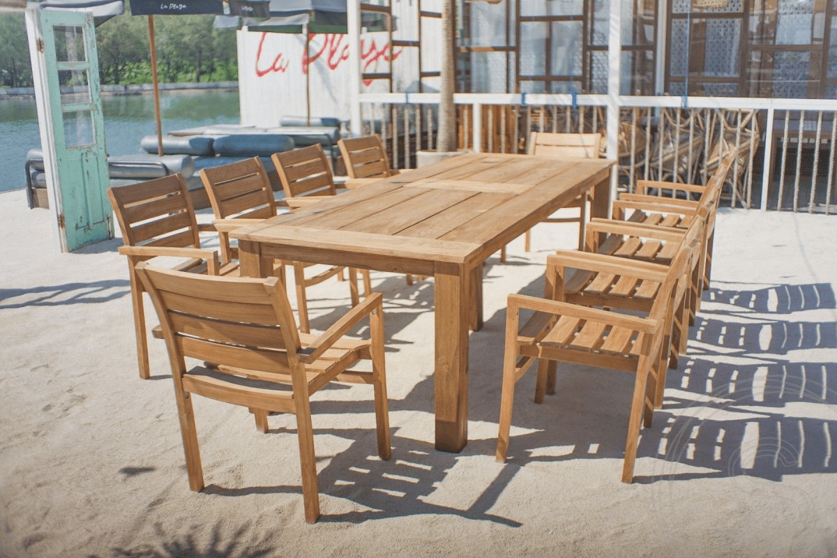 Teak garden table 280 x 100 + 10 garden chairs stacking