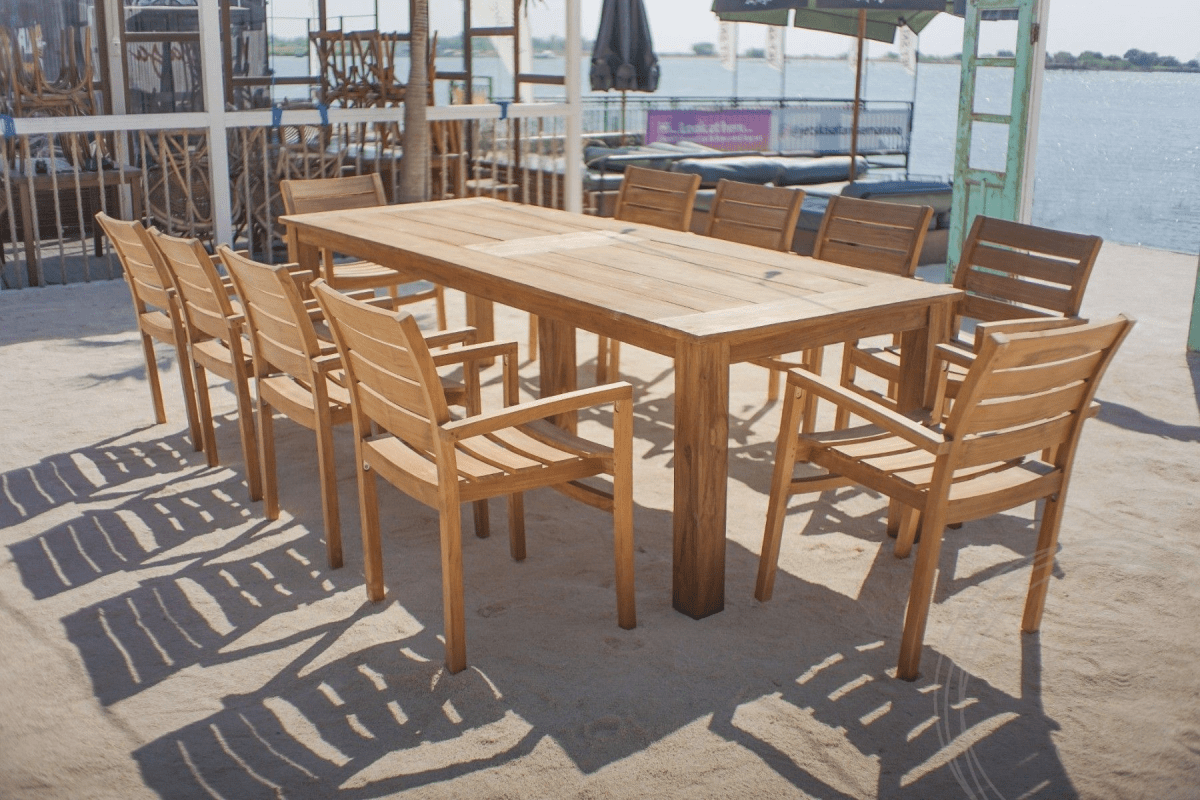 Teak garden table 280 x 100 + 10 garden chairs stacking