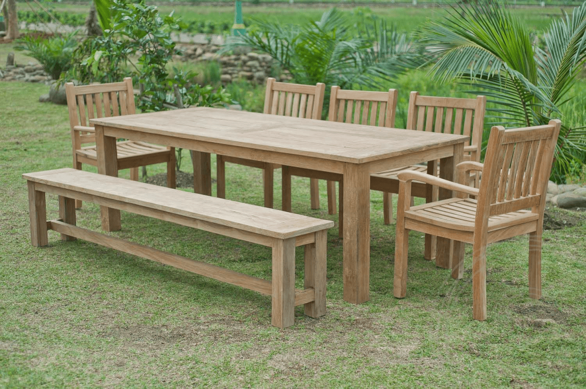 Teak garden table 240x100cm + 5 beaufort chairs + bench