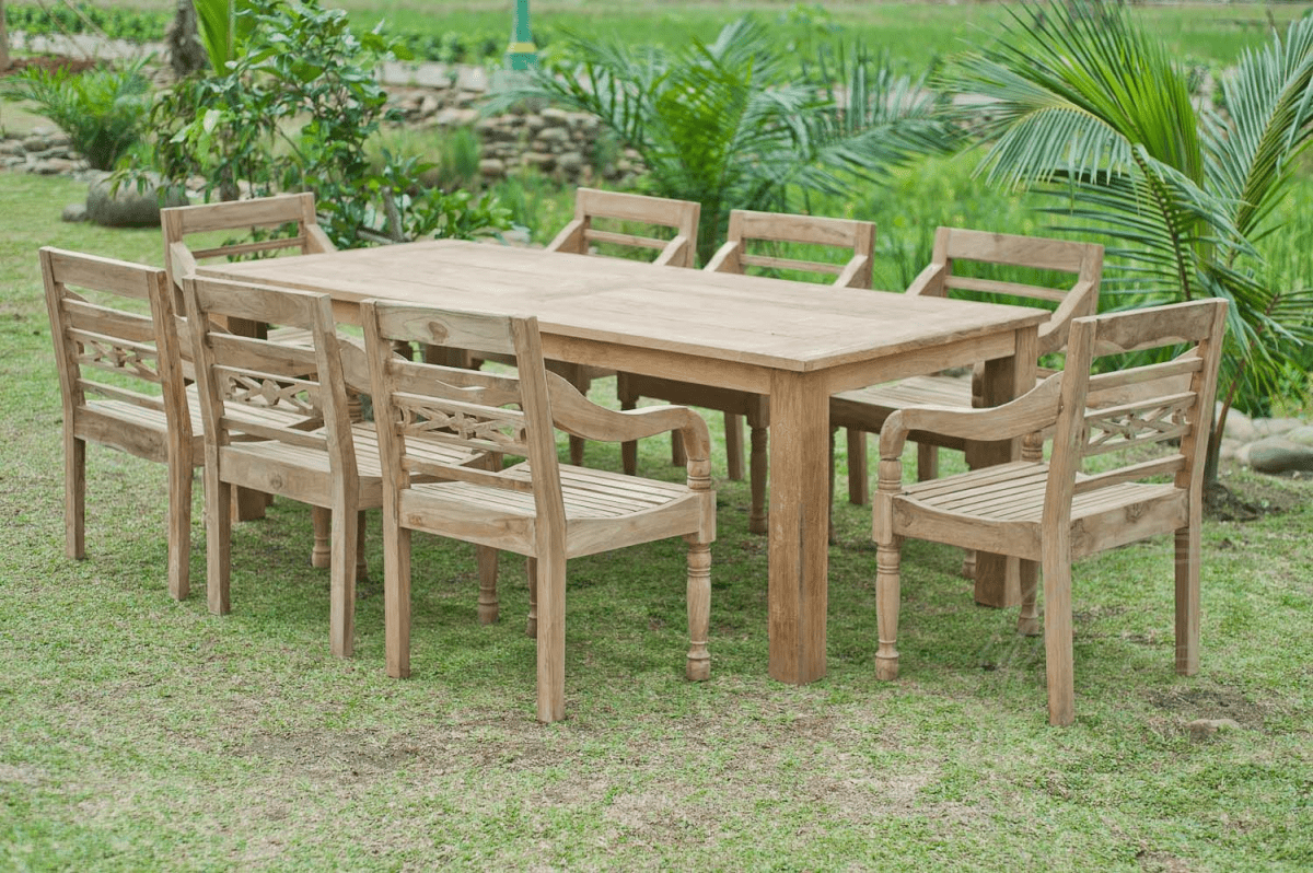 Teak garden table 260 x 100 + 8 garden chairs stacking