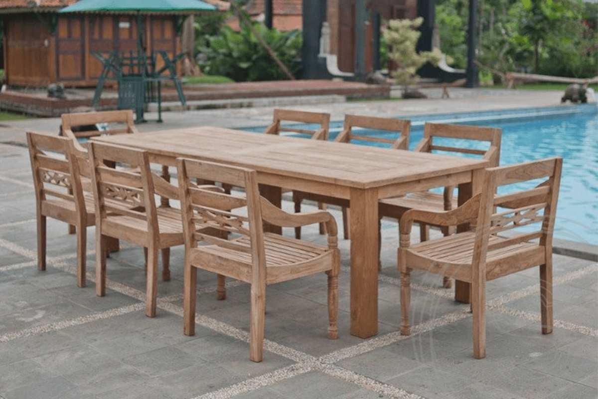 Teak garden table 260x100cm + 8 chairs Java