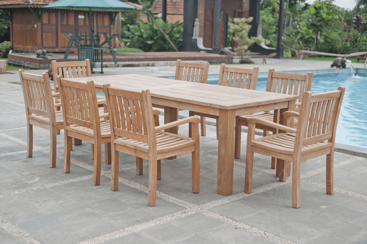 Teak garden table 260x100cm + 8 beaufort chairs