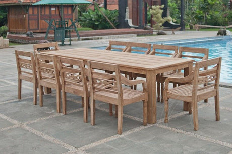 Teak garden table 280x100cm + 10 station chairs