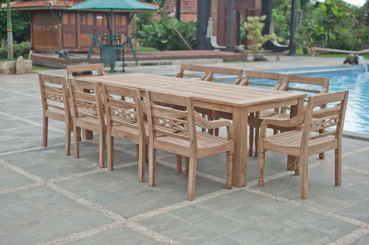 Teak garden table 280x100cm + 10 station chairs