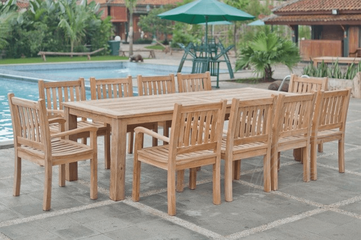 Teak garden table 280x100cm + 10 beaufort chairs
