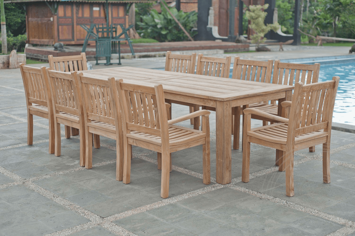 Teak garden table 280x100cm + 10 beaufort chairs