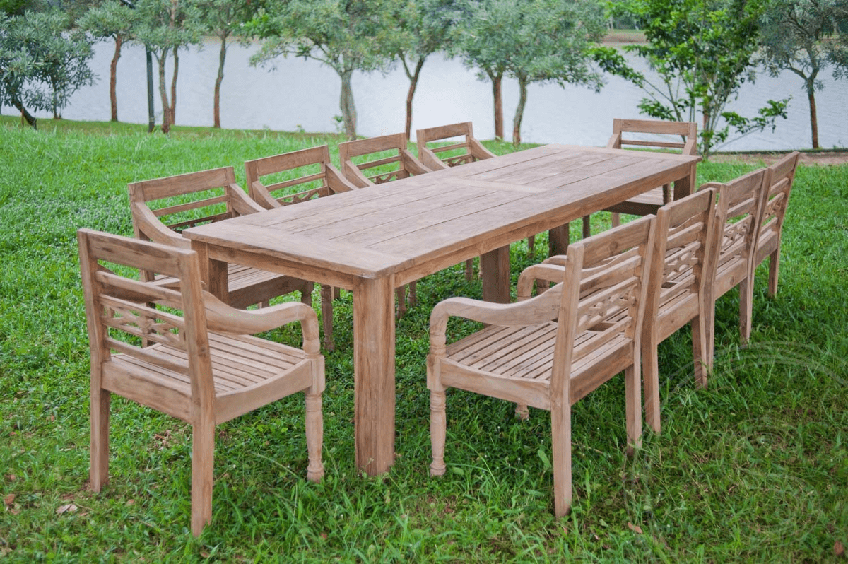 Teak garden table 300x100cm + 10 chairs Java