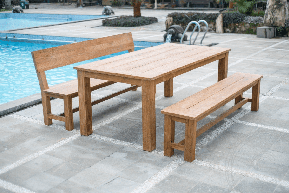 Teak garden table 200x100 + bench 200 + bench 200 with backrest ...
