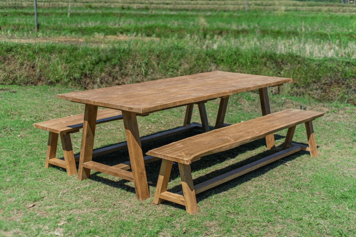 Java Bench And Table Teak garden table Java 240 x 100 + 2 teak garden benches Java 240 ...
