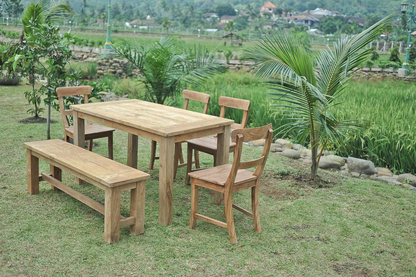 Teak garden table 140x90cm + 4 chairs + bench