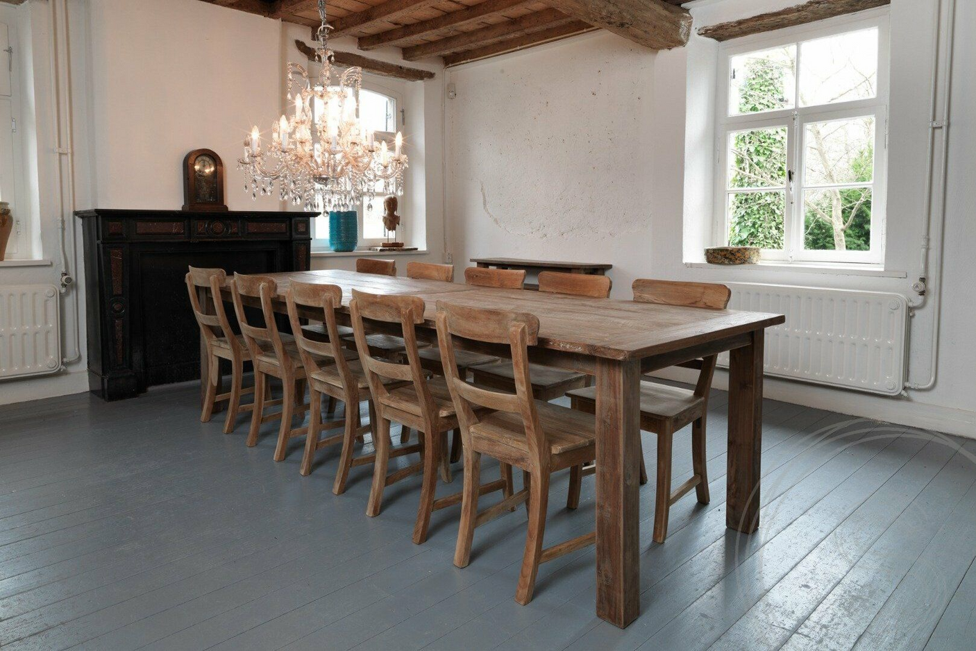 Teak table 300x100cm rustic + 10 chairs
