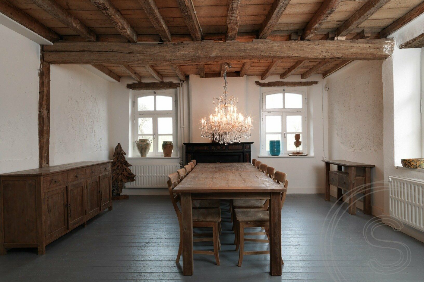 Teak table 300x100cm rustic + 10 chairs