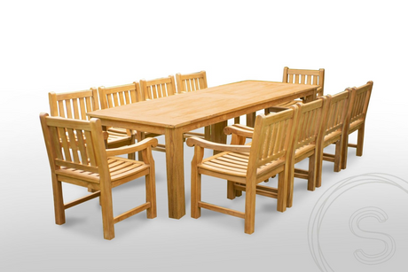 Teak garden table 300 x 100 + 10 garden chairs elephant 