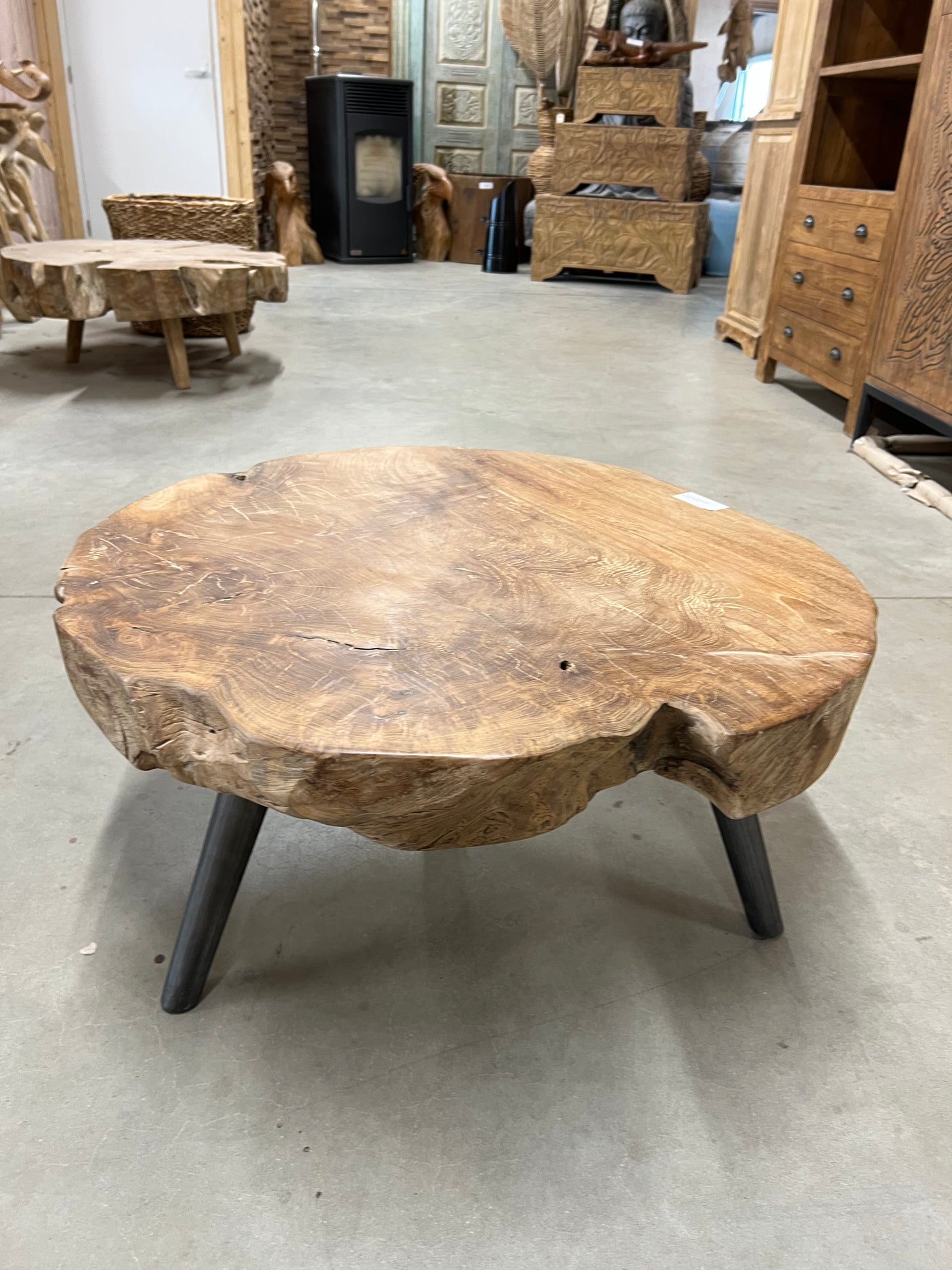 Teak coffee table steel base 80cm diameter - 80x80x40cm