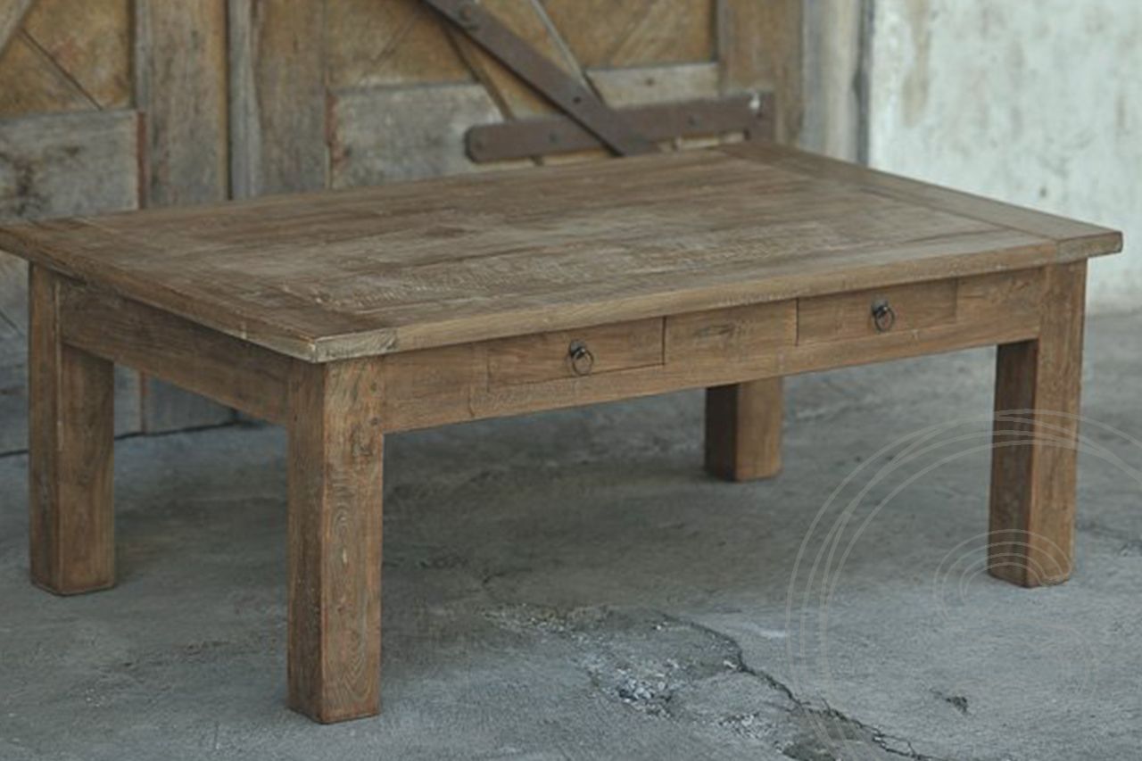 Teak coffee table 2 drawers 120 x 80 rustic