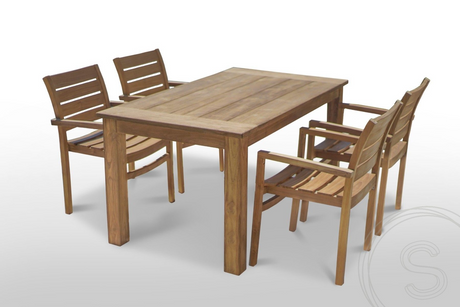 Teak garden table 160 x 90 + 4 garden chairs stacking
