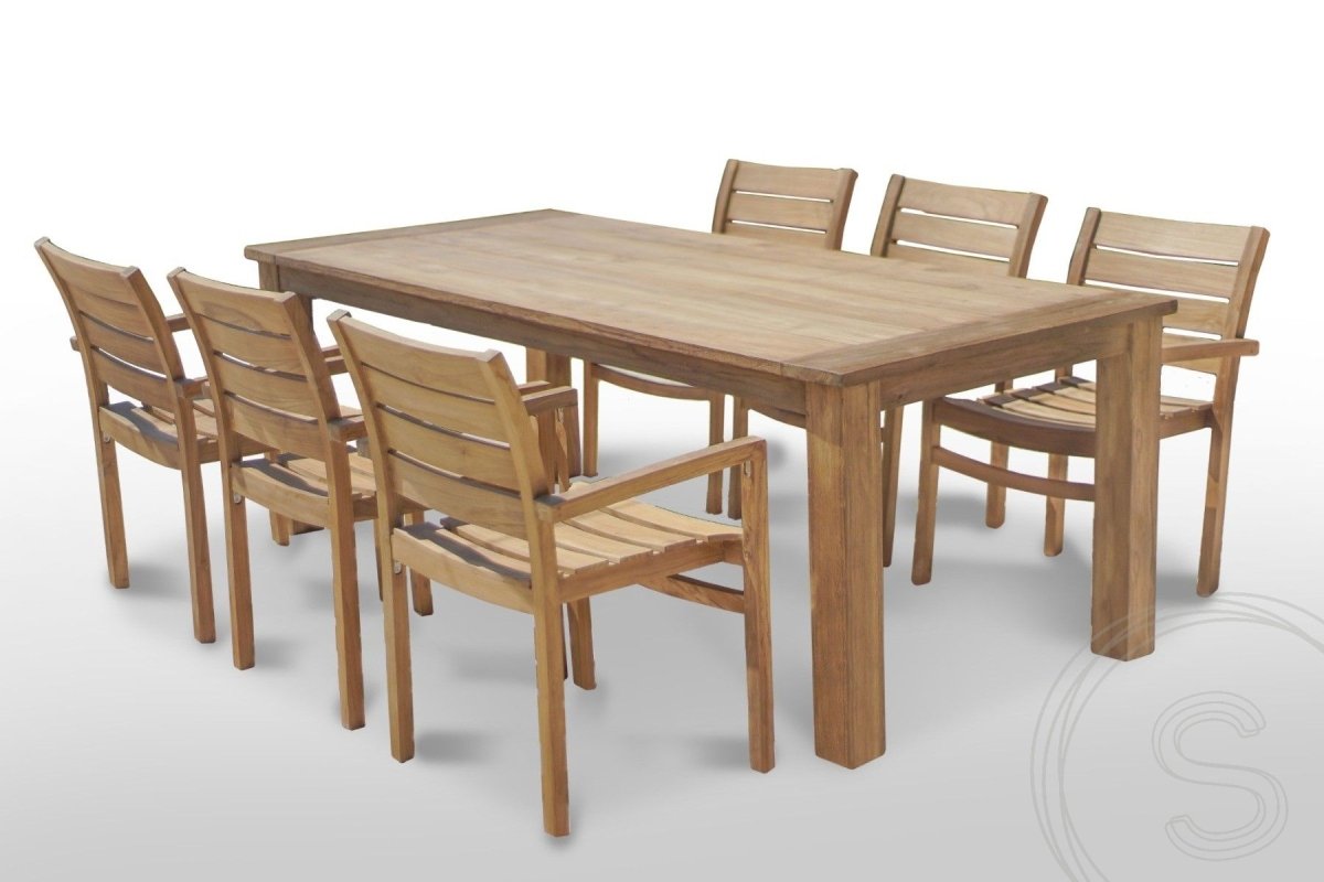 Teak garden table 220 x 100 + 6 garden chairs stacking