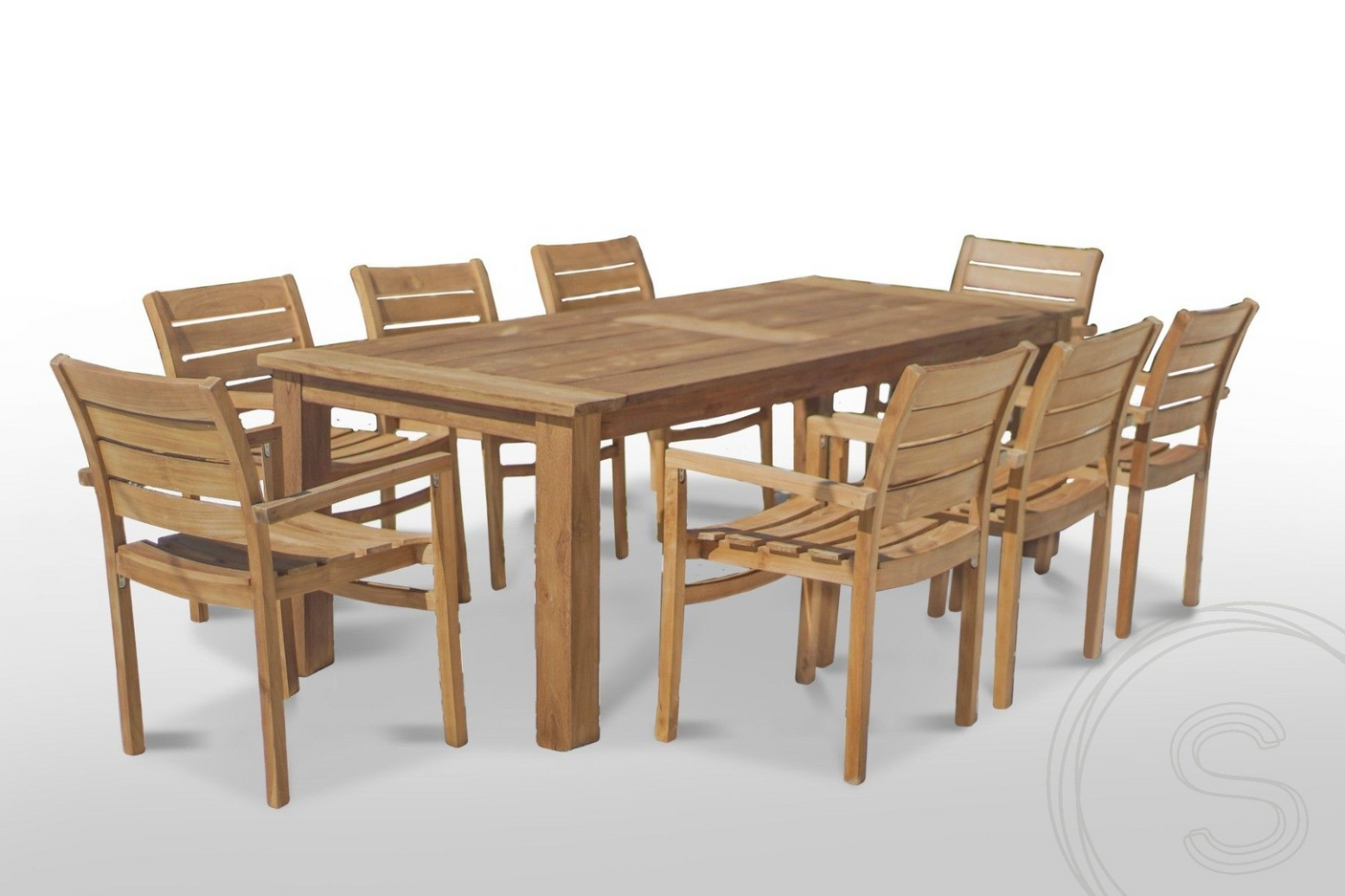 Teak garden table 240 x 100 + 8 garden chairs stacking
