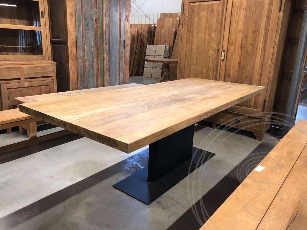 Teak refectory table with steel column foot