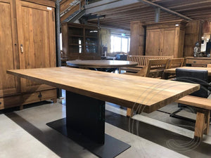 Teak refectory table with steel column foot