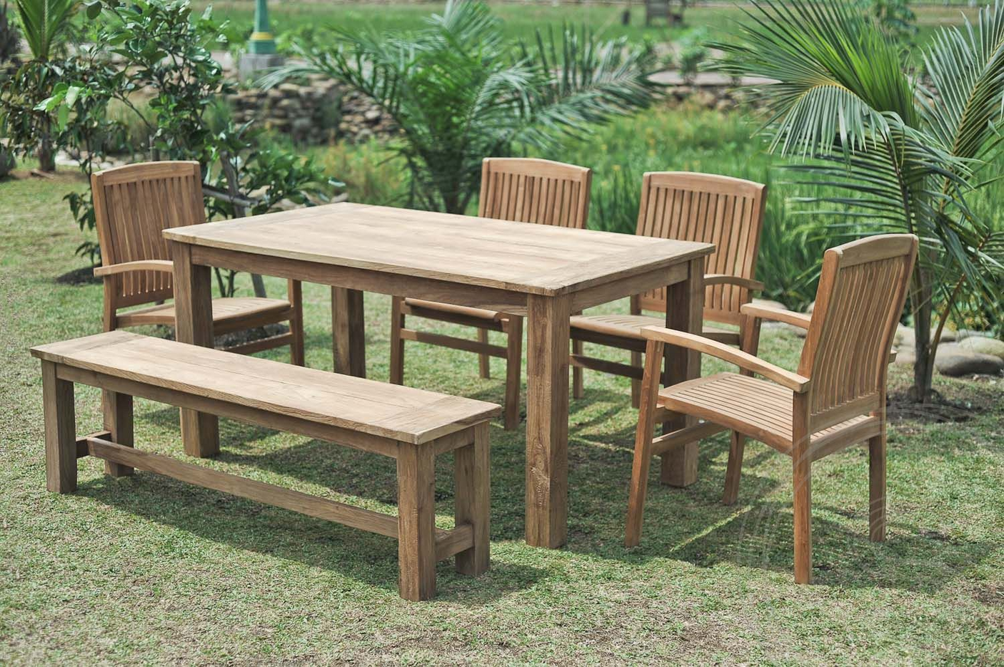 Teak garden table 160x90cm + 4 stacking chairs + bench