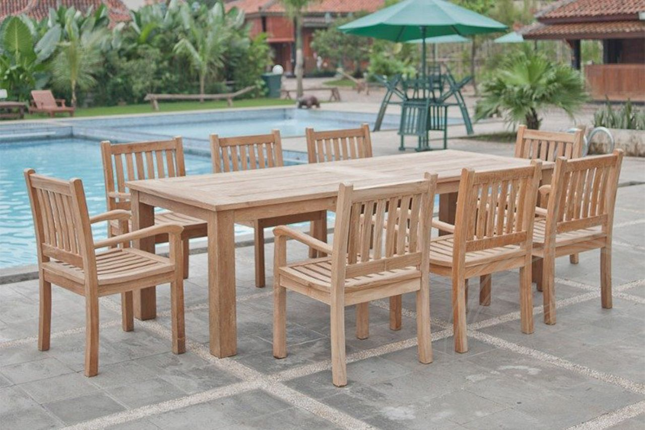 Teak garden table 260x100cm + 8 beaufort chairs