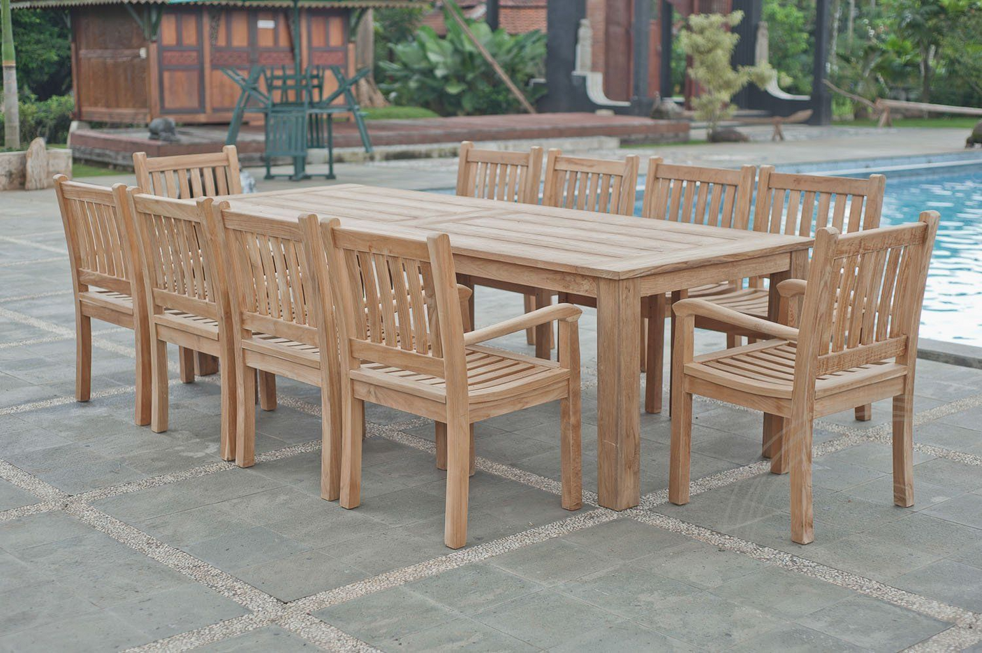 Teak garden table 280x100cm + 10 beaufort chairs